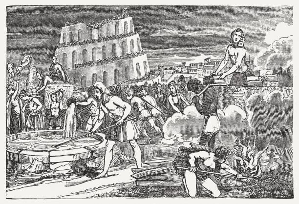 der turmbau zu babel (genesis 11), holzstich, erschienen 1835 - turm zu babel stock-grafiken, -clipart, -cartoons und -symbole