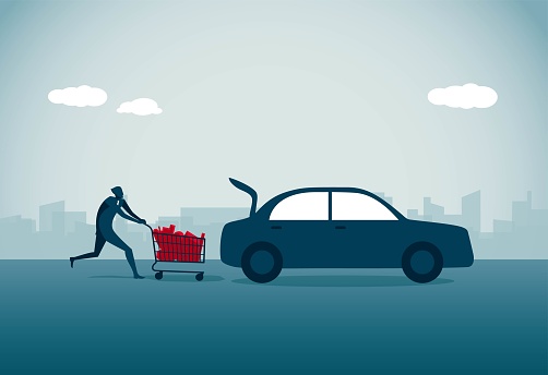 Man opens car trunk ready to put merchandise, This is a set of business illustrations