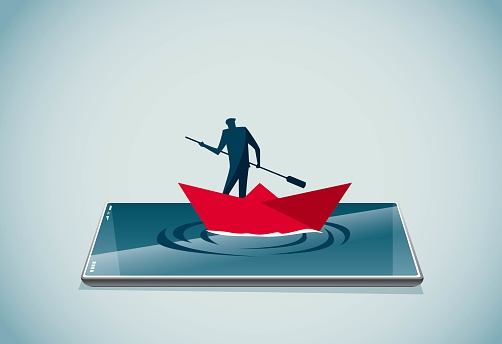People rowing paper boats on mobile phone screen, This is a set of business illustrations