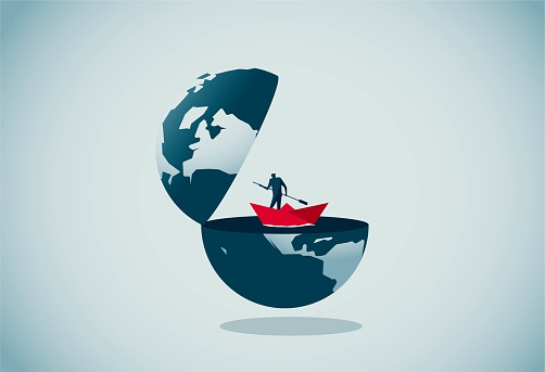 The earth is cut out of it and a man drives a boat through it, This is a set of business illustrations