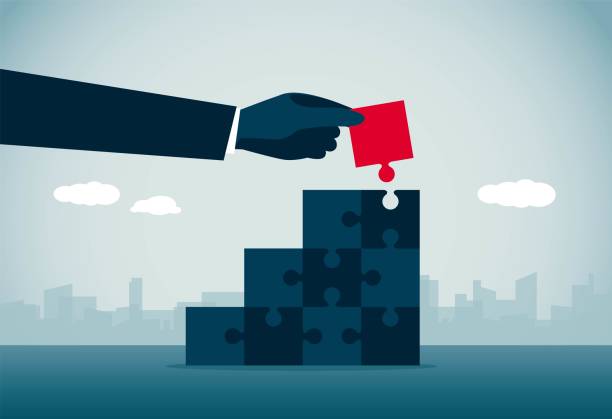 complete the last piece of the puzzle An arm holds the last piece of the puzzle ready to complete the game, This is a set of business illustrations reach destination stock illustrations