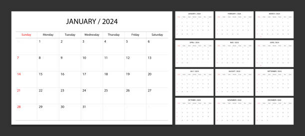 illustrations, cliparts, dessins animés et icônes de modèle de planificateur de conception d’entreprise de début de semaine de début de calendrier 2024. planificateur de calendrier 2024. - calendrier 2024