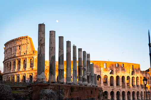 The Coliseum in Rome at sunset daylight. Copy space