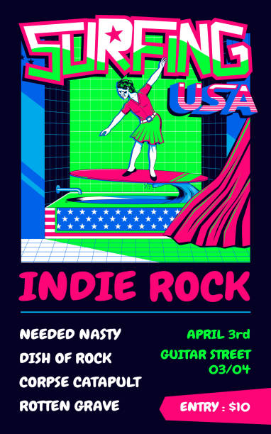 illustrazioni stock, clip art, cartoni animati e icone di tendenza di poster di musica indie rock con teschio di donne vintage che giocano a surf - britpop