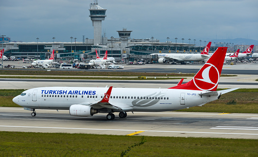 Istanbul, Turkey - Sep 30, 2018. TC-JFU Turkish Airlines Boeing 737-800 taxiing on runway of Istanbul Ataturk Airport (IST). The airport served more than 68 million passengers in 2018.