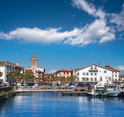 Saint Jean de Luz dock port harbor boats in New Aquitaine, Atlantic Pyrenees in French Basque Country of France