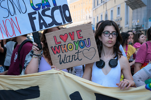 Rome, Italy - 10th June 2023: The big Gay Pride parade through the streets of the capital. The procession with thousands of participants parades through the city to demonstrate LGBTQ+ pride.