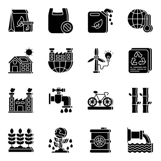 Vector illustration of Pack of Nature and Eco Glyph Icons