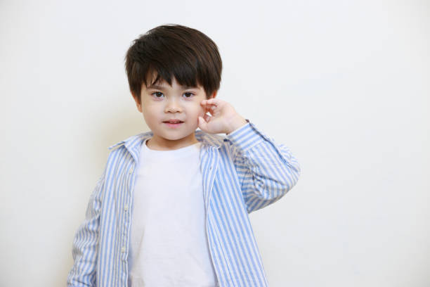 istock A little boy in a polite shirt showing a thoughtful pose using his hands against a white background 1497459405