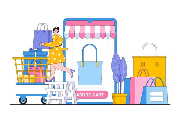 Vector illustration of Digital Transformation in Retail Concept with Person Shopping Online and Adding Items to the Cart