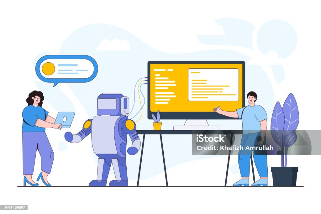 Robot Animado Programando Ilustración de Concepto De Robótica Y Automatización Con Una Persona ...