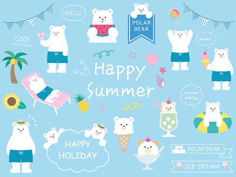 It is a vector illustration set of illustrations of various poses of summer polar bears and summer items such as watermelon, ice cream and shellfish.