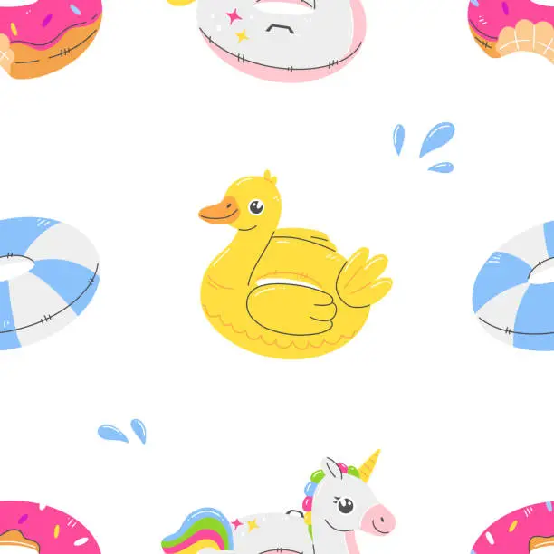 Vector illustration of Seamless pattern with rubber rings unicorn, duck, donut on a white background in cartoon flat style. Vector summer illustration background.