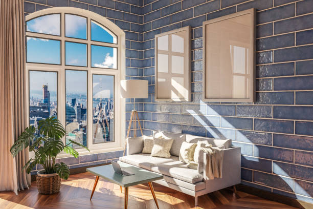 istock luxurious loft apartment with arched window and panoramic view over urban downtown; noble interior living room design mock up; 3D Illustration 1497464891