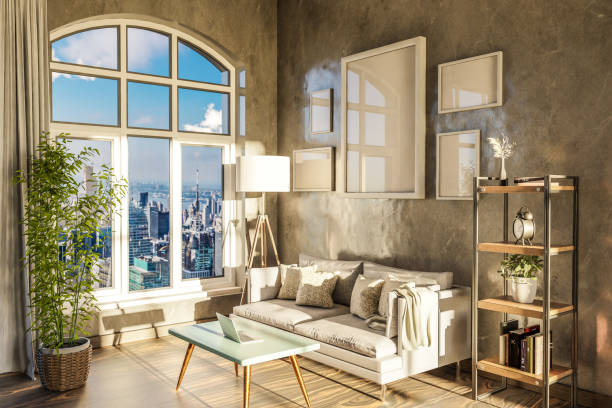 istock luxurious loft apartment with arched window and panoramic view over urban downtown; noble interior living room design mock up; 3D Illustration 1497465059
