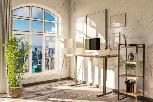 istock modern standing desk pc workplace in daylight downtown skyline office; home decoration desing and home office concept; 3D Illustration 1497465087
