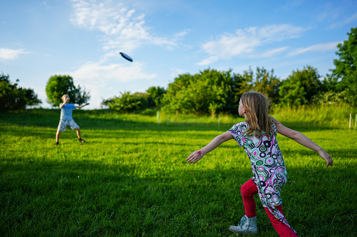 Children play frisbee on a green meadow.  The weather is excellent and trees and a field can be seen in the background.