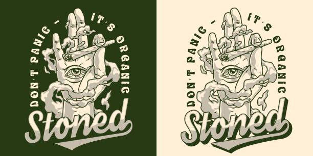 stoned cannabis monochrom detailliertes logo - human joint illustrations stock-grafiken, -clipart, -cartoons und -symbole