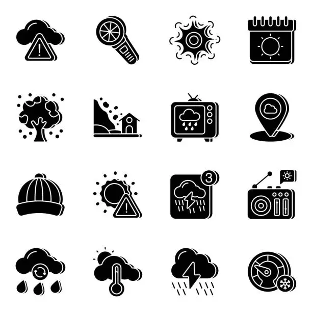 Vector illustration of Pack of Weather and Meteorology Glyph Icons