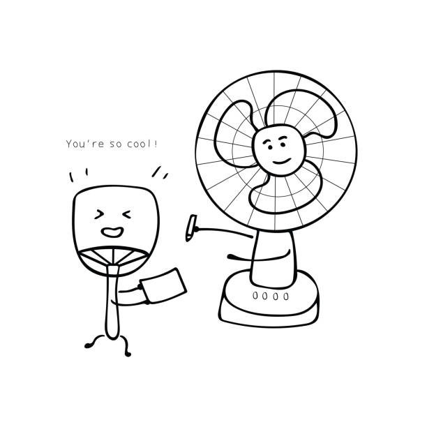 ręcznie rysowany zabawny fan maskotka postać wektor ilustracja kolor dzieci kreskówka clipart - electric fan ventilator isolated appliance stock illustrations