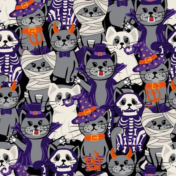 Vector illustration of Halloween seamless pattern with cute cats in spooky outfits. Funny holiday texture Perfect for gift wrapping, home decor and Textiles.