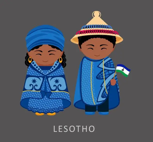 Vector illustration of Woman and man in  Basotho blanket national costume. Lesotho couple, cartoon characters in traditional ethnic clothes. Flat vector illustration.