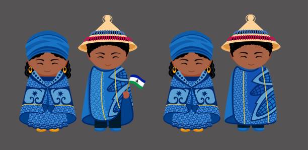 illustrazioni stock, clip art, cartoni animati e icone di tendenza di costume nazionale del lesotho. coppia in abiti tradizionali coperta basotho. personaggio dei cartoni animati uomo e donna. illustrazione vettoriale piatta isolata. - lesotho