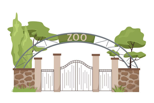 動物園の入り口。白い背景に漫画の動物園の屋外野生動物公園と金属の柵と石の柱、木々、茂み。フラットスタイルのベクターイラスト - zoo sign entrance the点のイラスト素材／クリップアート素材／マンガ素材／アイコン素材