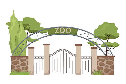 Zoo entrance. Cartoon zoological garden outdoor wild animals park with metal fencing and stone pillars, trees and bushes isolated on white background. Vector illustration in flat style.