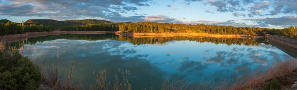 Landscape at sunset of the Valbona dam during drought in the spring of 2023 Teruel Aragon Spain