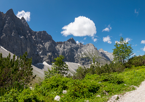 The north walls of Karwendel mountains - Bockkarspitzhe, Nordliche Sonnenspitze from Falkenhutte chalet.