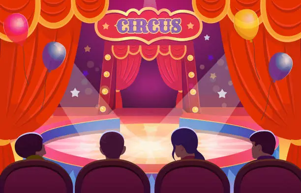 Vector illustration of Circus arena with a round stage for the show with a red open curtain and red seats with people.  Arena with a curtain. Interior with  balloons.