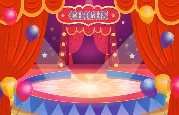 istock Circus arena with a round stage for the show.  Arena with a curtain. Interior with  balloons. 1497482388