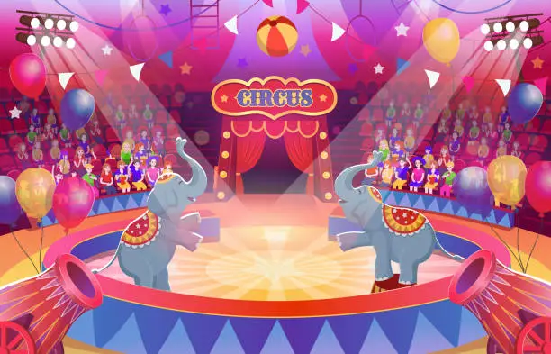 Vector illustration of Funny elephants in the circus. Circus arena with a round stage for the show. Many people watch the performance in the circus. Arena with spectators. Interior with seats, flags, spotlights