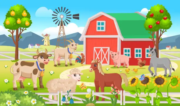 Vector illustration of Farm panorama with a  barn, houses, mills, fields, trees and farm animals.Big scene with farm animals for kids.Vector illustration in cartoon style.