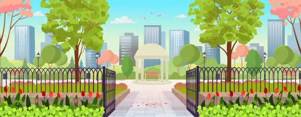 Vector illustration of Entrance to the park day. Open gates to the park. Beautiful summer park with gazebo, rotunda, benches, lanterns. Flat cartoon style.