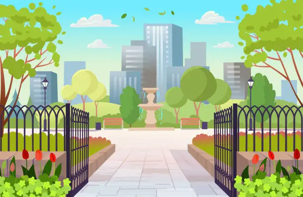 Vector illustration of Entrance to the park day. Open gates to the park. Beautiful summer park with a fountain, benches, lanterns. Flat cartoon style.