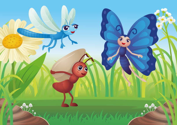 Summer Landscape of field with cartoon butterfly, ant, dragonfly, flowers and blue sky background. Vector illustration in cartoon style Summer Landscape of field with cartoon butterfly, ant, dragonfly, flowers and blue sky background. Vector illustration in cartoon style painted grasshopper stock illustrations