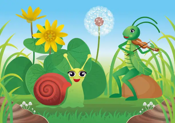 Vector illustration of Cartoon background with snail and grasshopper. Summer Landscape of field with grass and cartoon insects blue sky background. Vector illustration in cartoon style