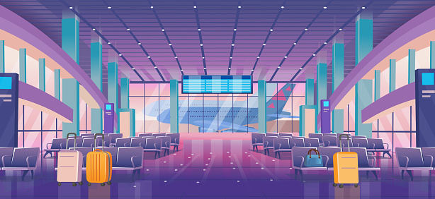 Airport waiting hall. Interior inside the airport terminal with chairs and departure board. A large hall with high windows and a plane in the parking lot. Vector cartoon illustration.