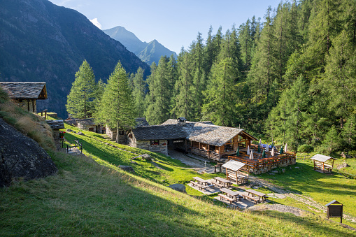 The chalet Riffugio Pastore in the morning light -  Valsesia valley - Italy.
