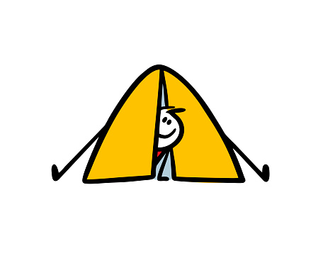 Funny man on hike hides in yellow tent and looks out. Vector illustration of a happy tourist having rest and fun on vacation. Cartoon stickman isolated on white background.