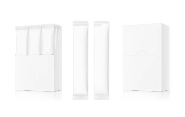 Blank cardboard box with stick bag mockup. Half side view. Vector illustration isolated on white background. Can be use for food, medicine, cosmetic and etc. EPS10. cardboard box mockup stock illustrations