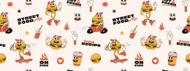 Vector illustration of Burger retro cartoon fast food seamless pattern. Groovy funky trendy vector background.