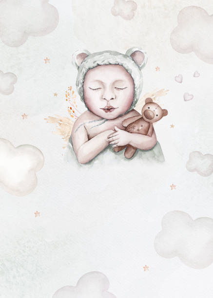 aquarell neugeborene baby shower grußkarte mit babys junge mädchen. geburtstags-babyparty des neugeborenen babys - house cute welcome sign greeting stock-grafiken, -clipart, -cartoons und -symbole