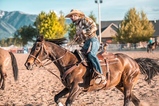 Cowboy riding a horse in rodeo arena. Wearing a cowboy hat.