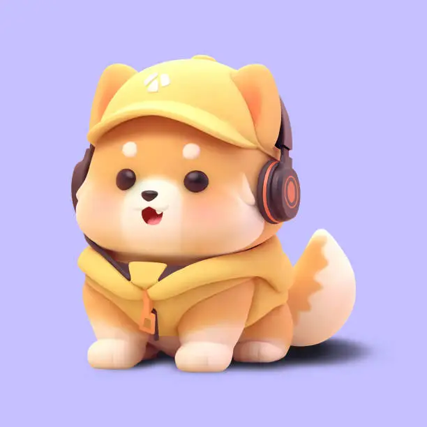 Vector illustration of Dog mascot. Kawaii dog listen to music with headphones, wear cap and jacket. Cute cartoon pet character vector 3d illustration