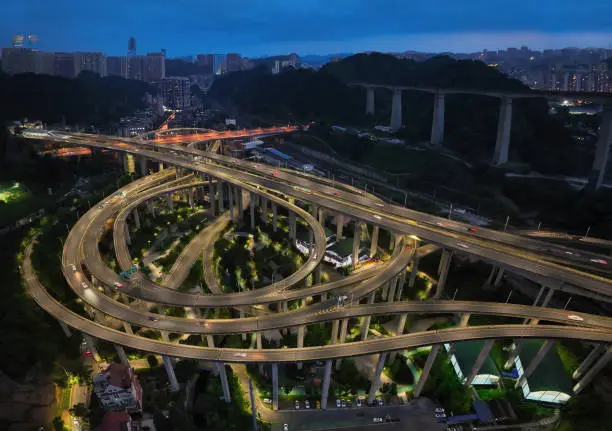 Aerial view of elevated road junctions and overpass in Guiyang, China