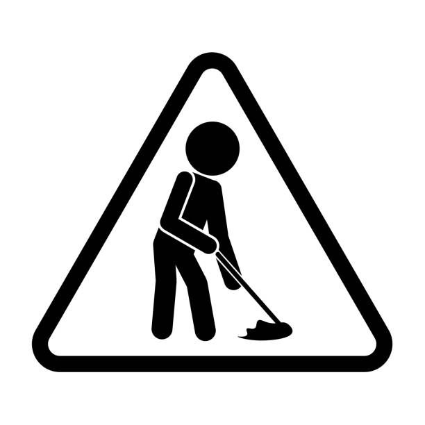 Isolated illustration of stickman moping floor with water, template triangle safety icon for sign cleaning in progress, janitor, slippery when wet, caution wet floor, fall hazard Isolated illustration of stickman moping floor with water, template triangle safety icon for sign cleaning in progress, janitor, slippery when wet, caution wet floor, fall hazard custodian silhouette stock illustrations