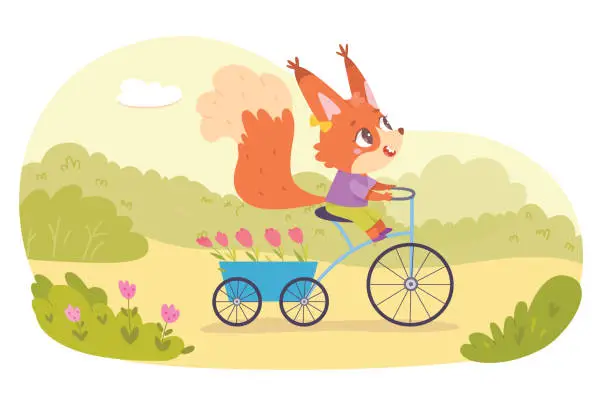 Vector illustration of Cute squirrel riding bike with spring flowers in park vector illustration. Cartoon baby animal cyclist with fur tail carrying tulips on retro bicycle with wheels, fun ride and travel of wild nature